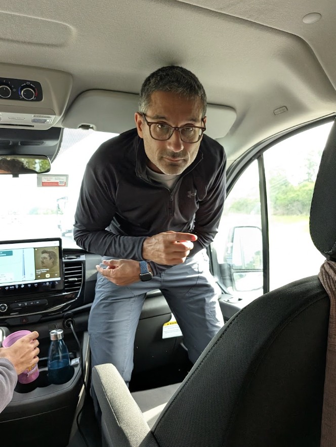 Candid photo in the van mid road trip
